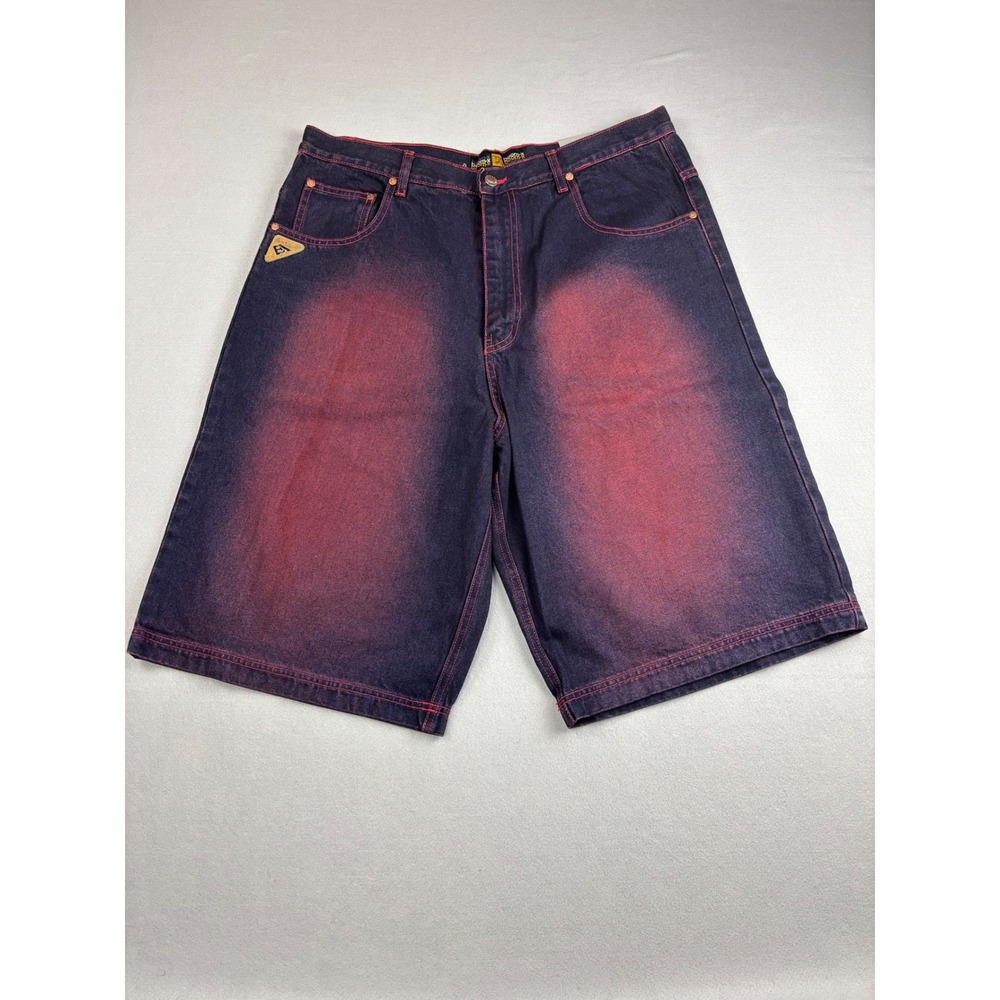 NWT Boom-X Vintage Y2K Baggy Denim Jorts Shorts Mens 36 Red Contrast Stitch Fade